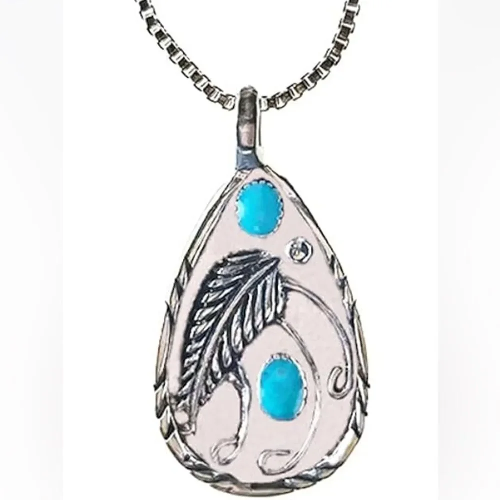 Western Necklace Turquoise Feather Charm Pendant Silver Tone NWOT